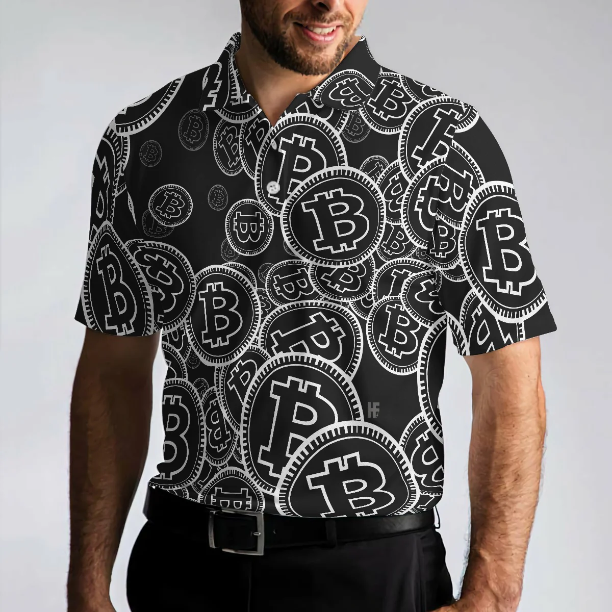 Digital Bitcoin Crypto Polo Shirt, Cool Cryptocurrency Short Sleeve Shirt, Black And White Bitcoin Polo - Gift For Men - Image 5