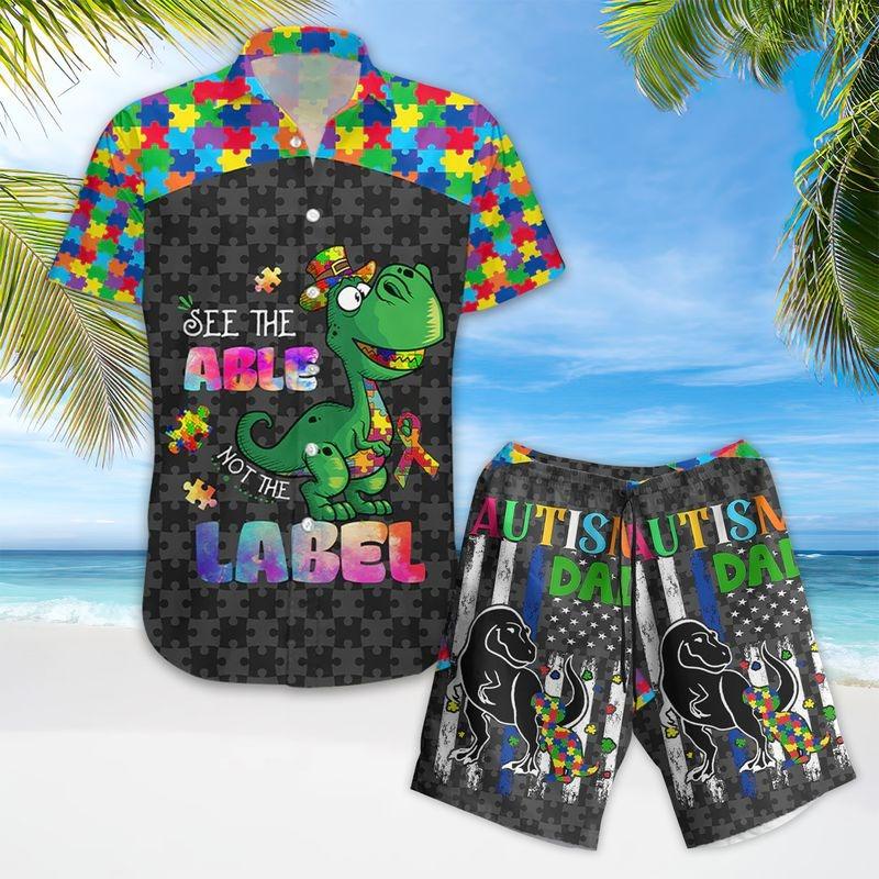 Dinosaur Aloha Hawaiian Shirt - See The Able Not The Label Hawaiian Shirt, Autism Dad Hawaiian Shirt For Men & Women, Dinosaur Lover