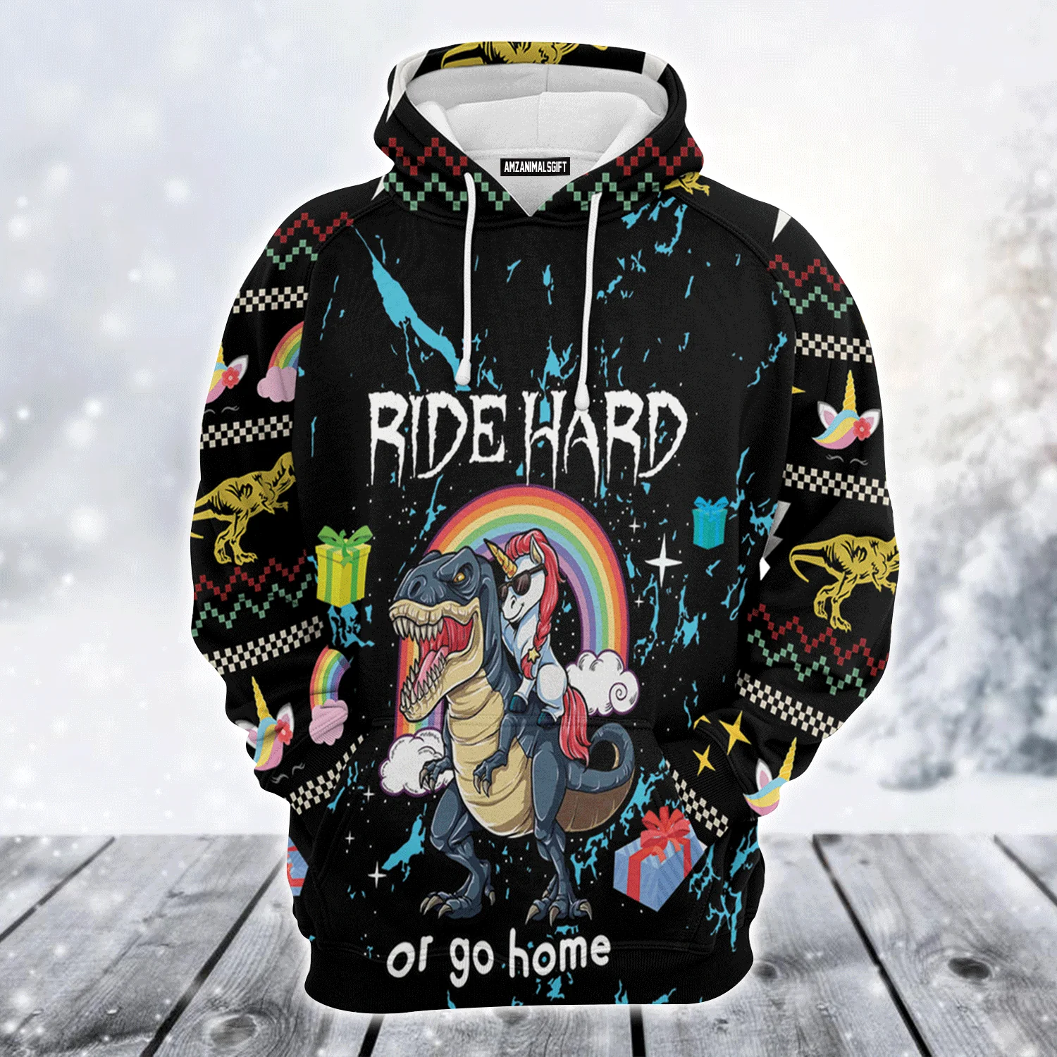 Dinosaur Unicorn Premium Christmas Hoodie, Dinosaur Unicorn Ride Hard Or Go Home Unisex Hoodie For Men & Women - Perfect Gift For Christmas, Dinosaur Unicorn Lover
