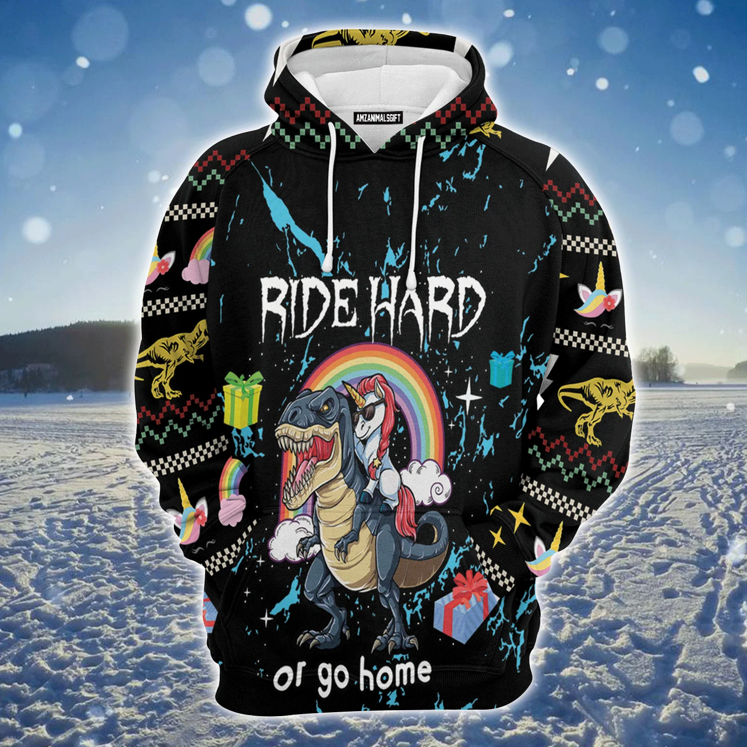 Dinosaur Unicorn Premium Christmas Hoodie, Dinosaur Unicorn Ride Hard Or Go Home Unisex Hoodie For Men & Women - Perfect Gift For Christmas, Dinosaur Unicorn Lover - Image 2