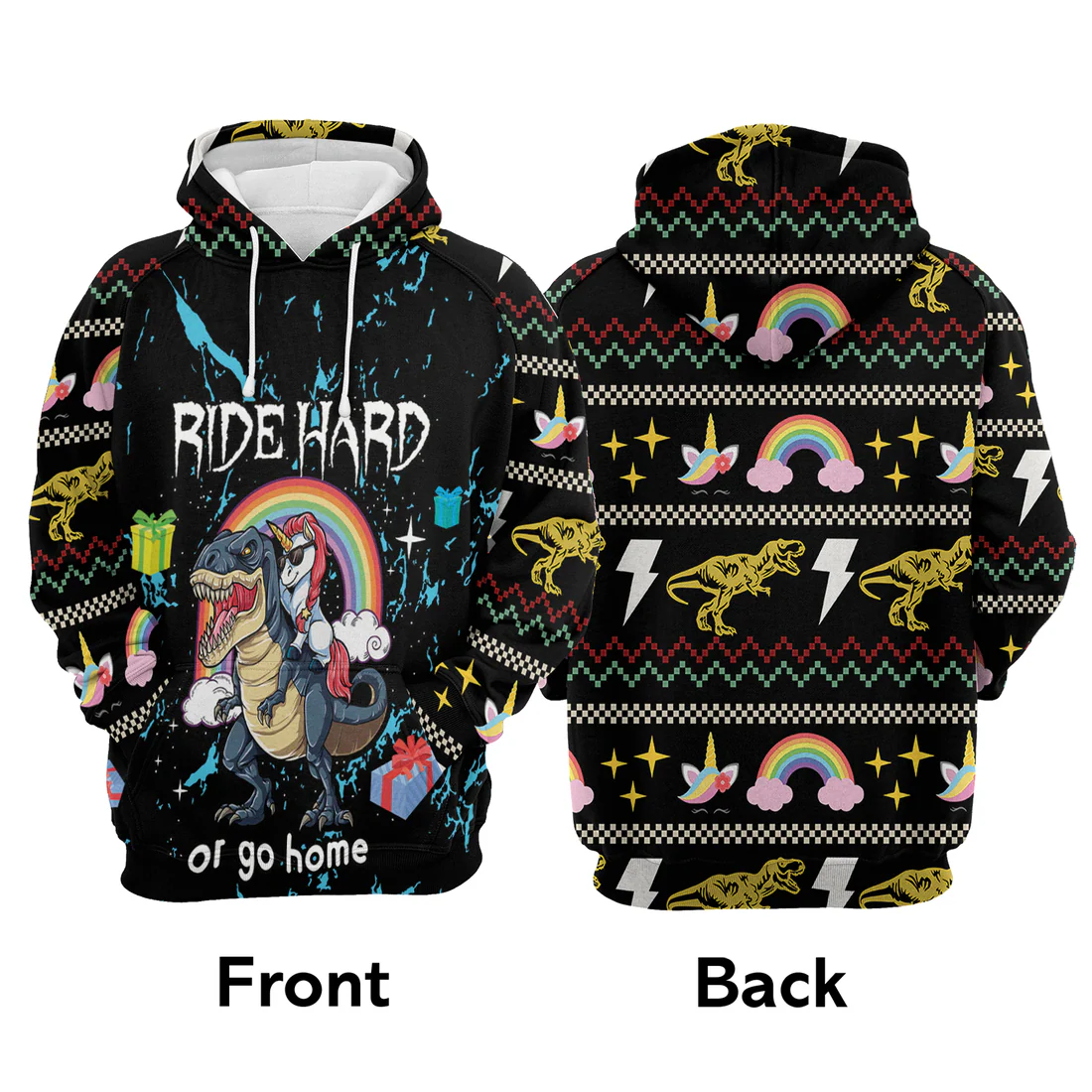 Dinosaur Unicorn Premium Christmas Hoodie, Dinosaur Unicorn Ride Hard Or Go Home Unisex Hoodie For Men & Women - Perfect Gift For Christmas, Dinosaur Unicorn Lover - Image 3