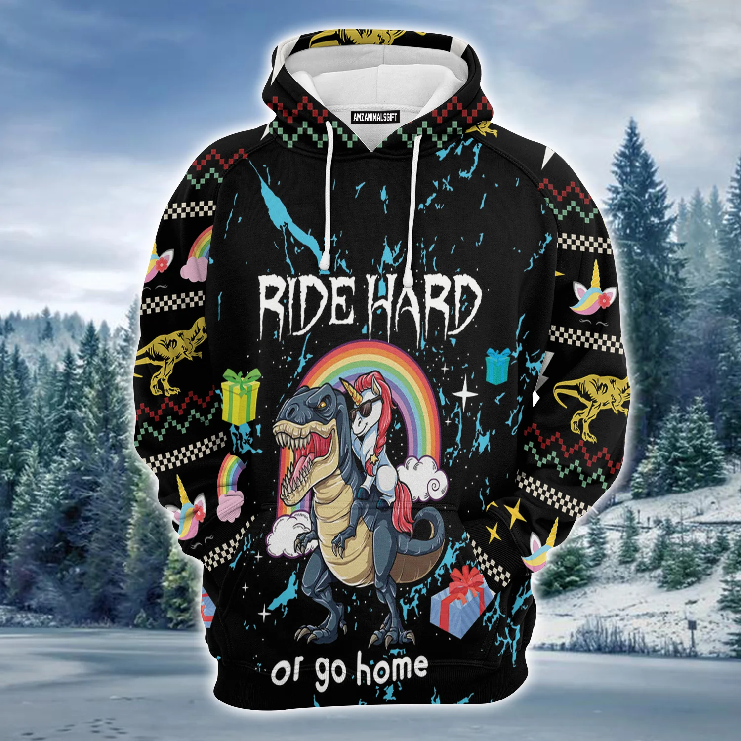 Dinosaur Unicorn Ride Hard Premium Christmas Hoodie, Christmas Gifts Unisex Hoodie For Men & Women - Perfect Gift For Christmas, Friends, Family