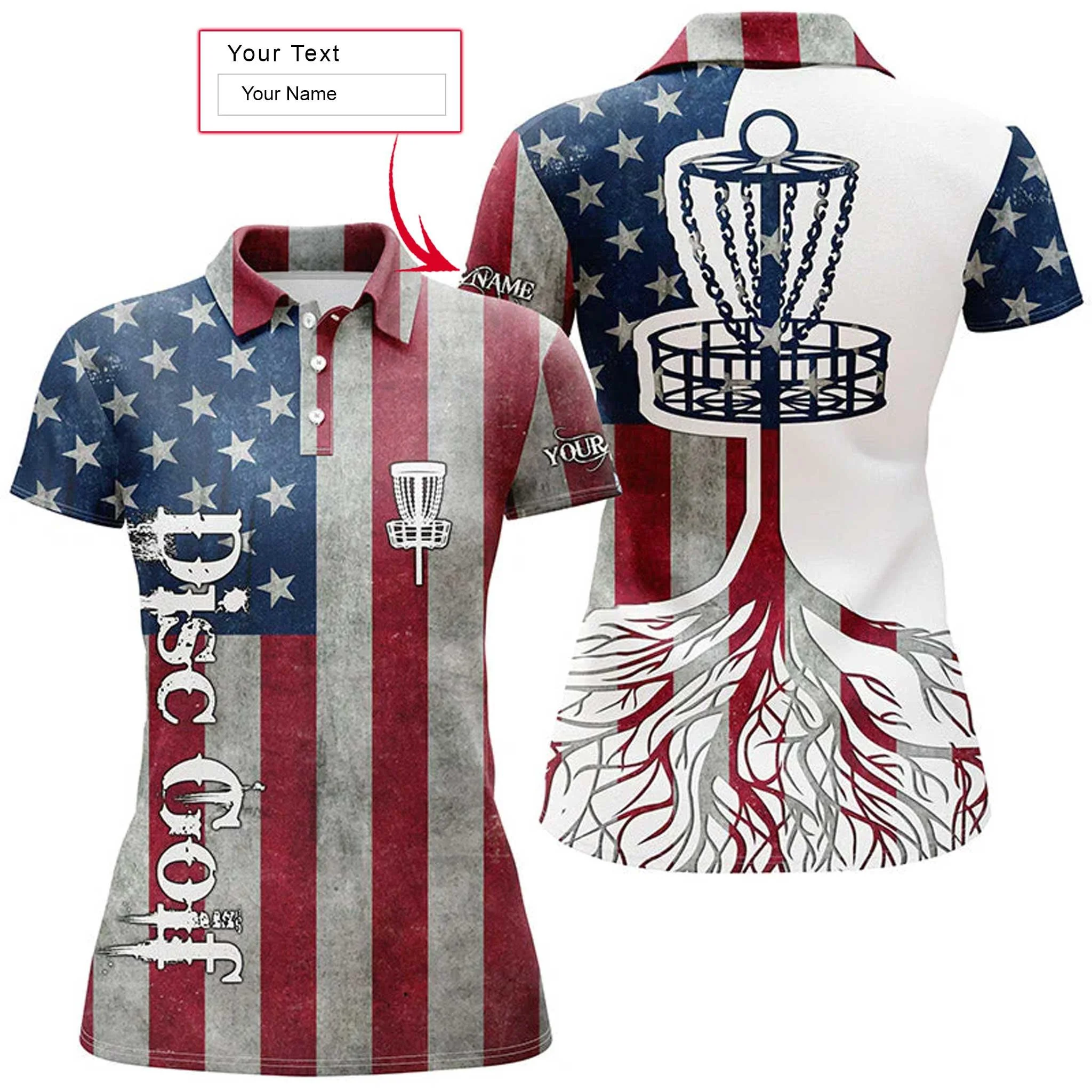 Disc Golf Custom Name Women Polo Shirt, American Flag Patriotic Disc Golf Basket Personalized Women Polo Shirts, Gift For Ladies, Disc Golf Lovers