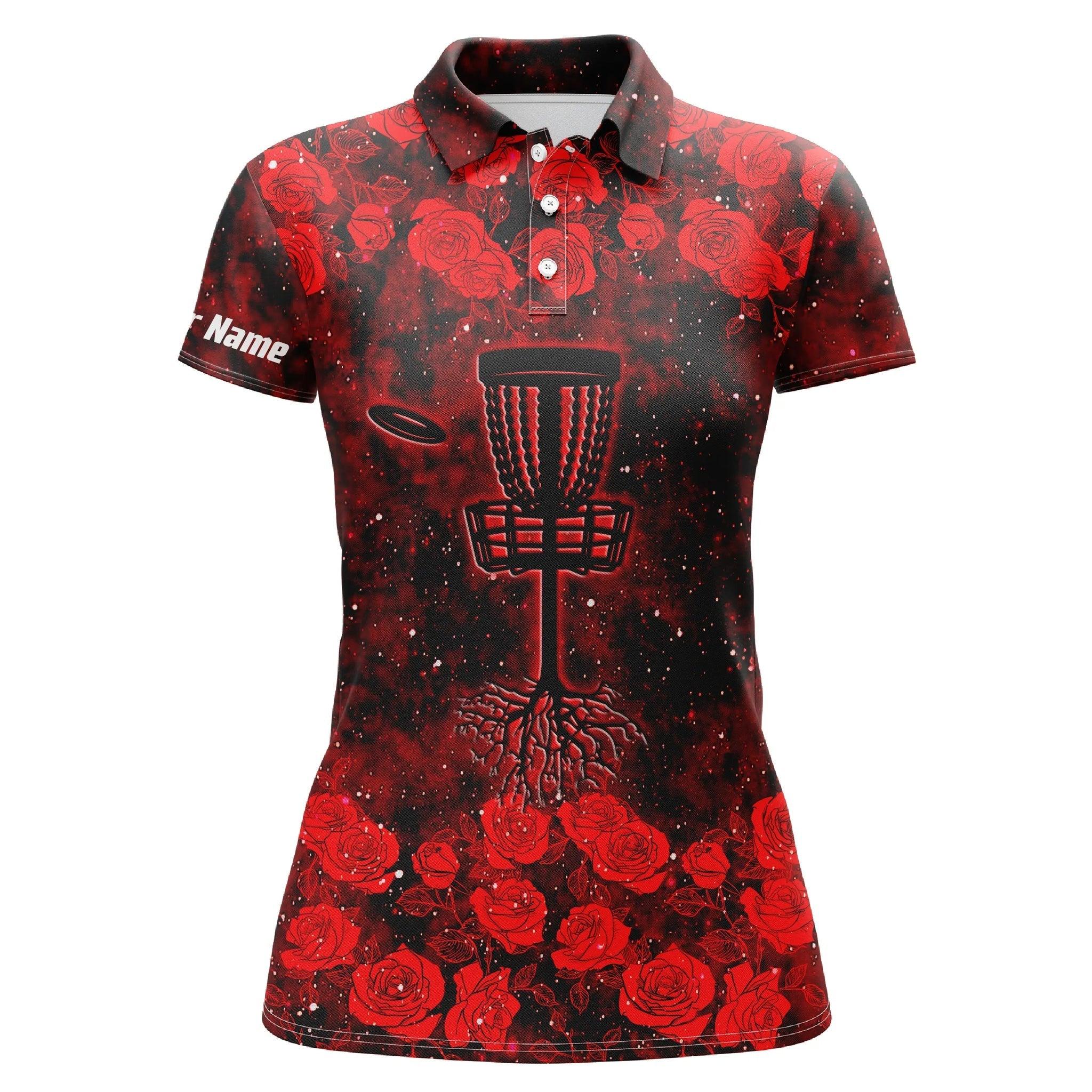 Disc Golf Custom Name Women Polo Shirt, Red Roses Pattern Disc Golf Basket Personalized Women Polo Shirts, Gift For Ladies, Disc Golf Lovers - Image 2