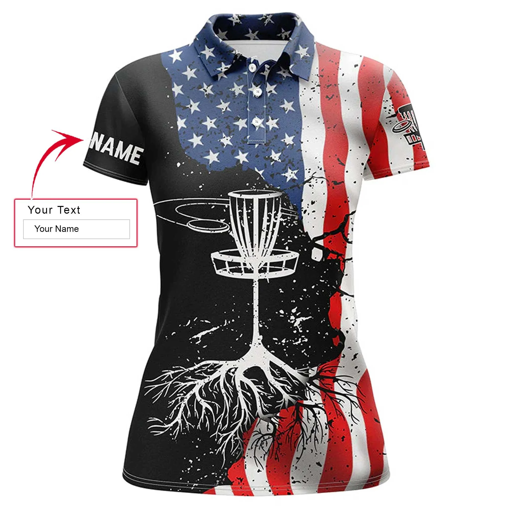 Disc Golf Custom Name Women Polo Shirt, Vintage American Flag Patriotic Personalized Women Polo Shirts, Gift For Ladies, Disc Golf Lovers