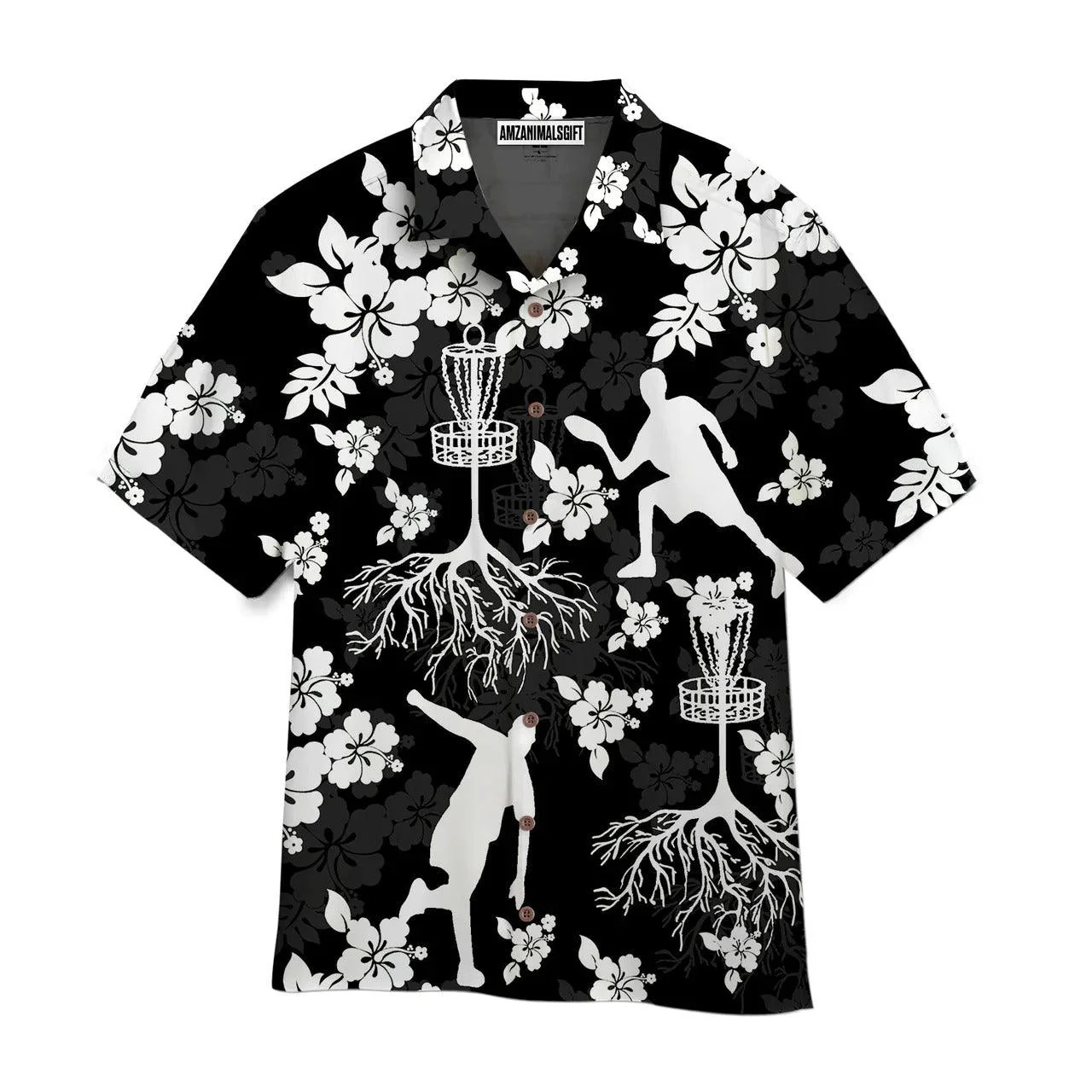 Disc Golf Hawaiian Shirt, Disc Golf Tree Hibiscus Black Hibiscus Black Aloha Hawaiian Shirts For Men and Women - Gift For Disc Golfer, Friend, Family