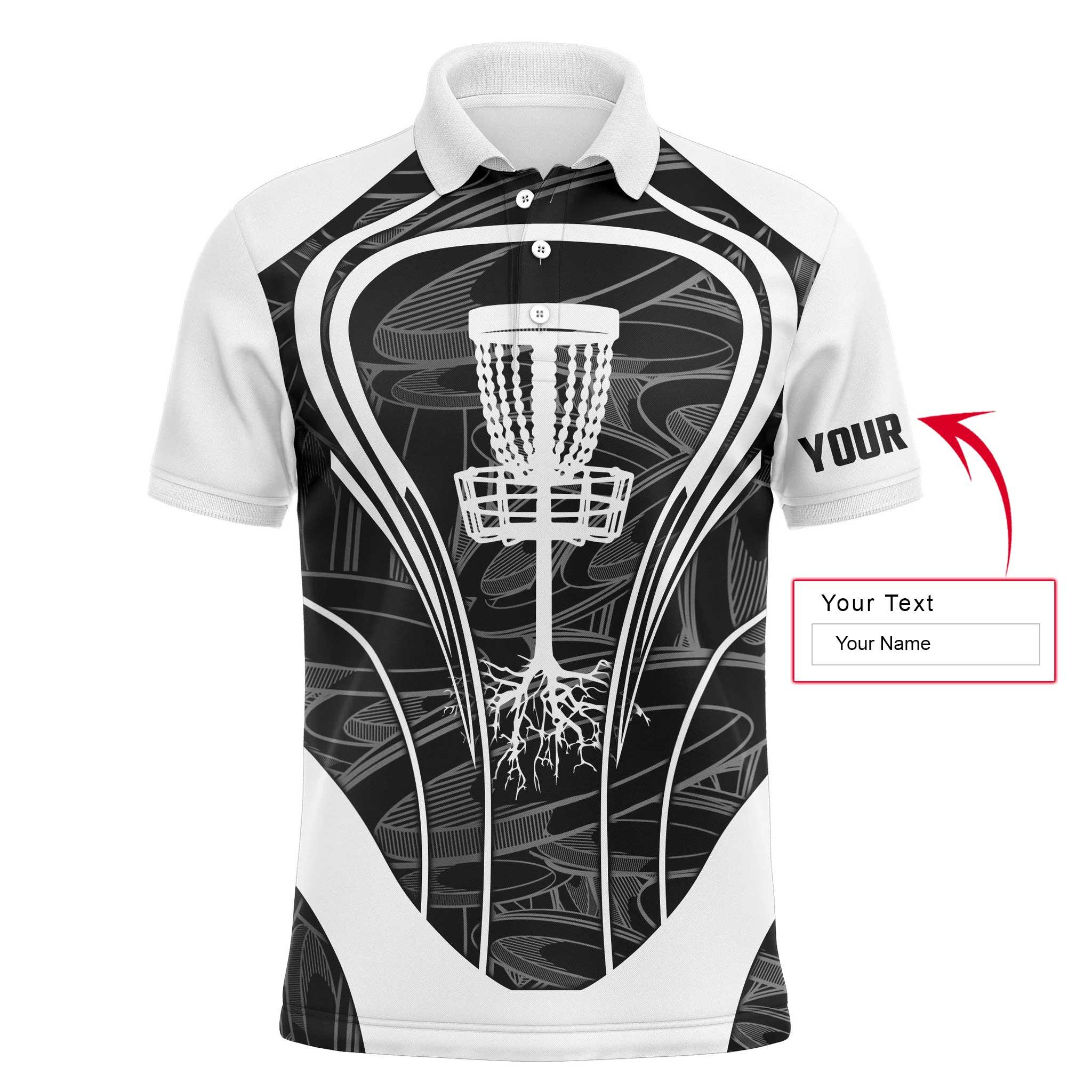 Disc Golf Men Polo Shirt - Black And White Disc Golf Basket Custom Name Apparel - Personalized Gift For Disc Golf Lover, Team, Husband, Boyfriend