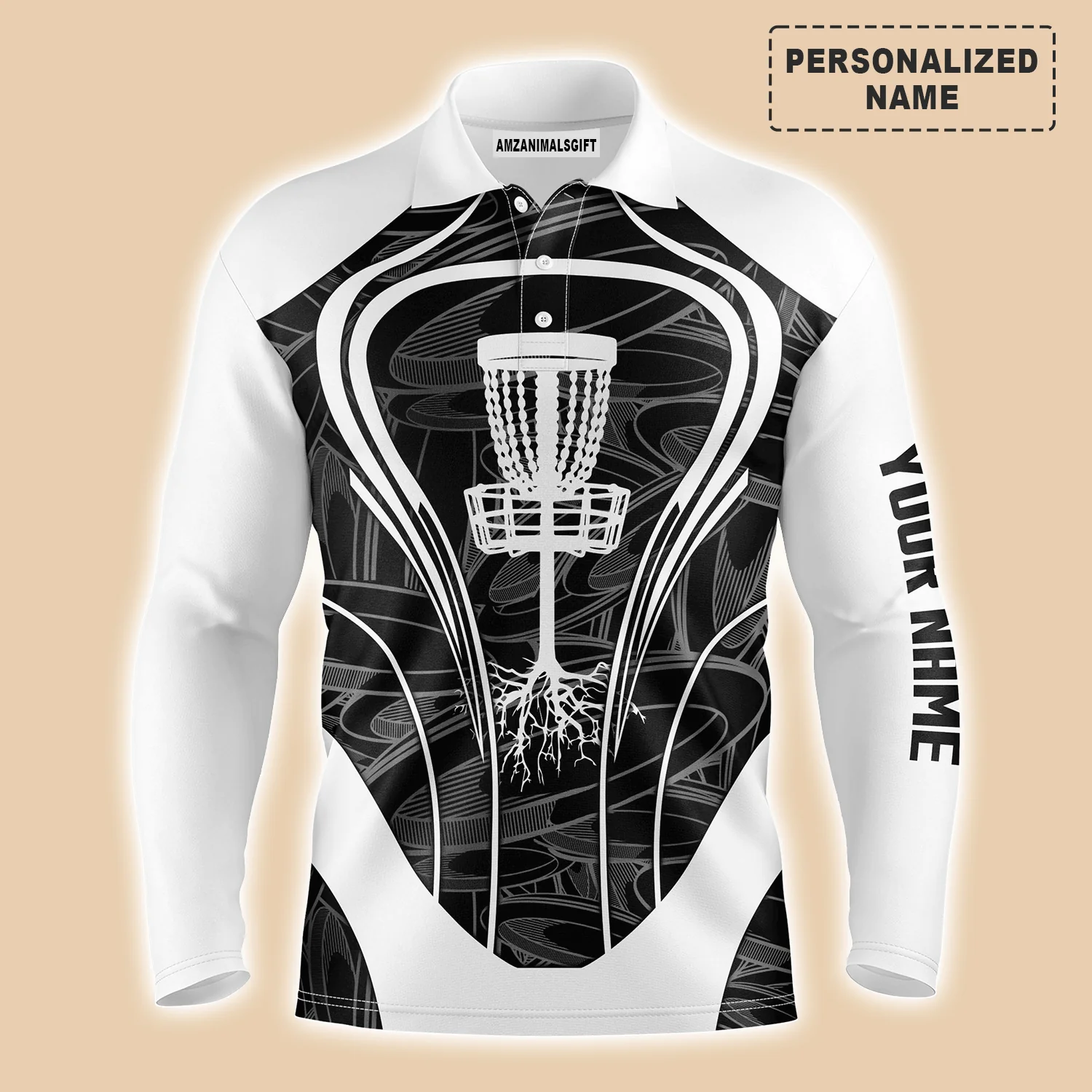 Disc Golf Men Polo Shirt - Black And White Disc Golf Basket Custom Name Apparel - Personalized Gift For Disc Golf Lover, Team, Husband, Boyfriend - Image 3
