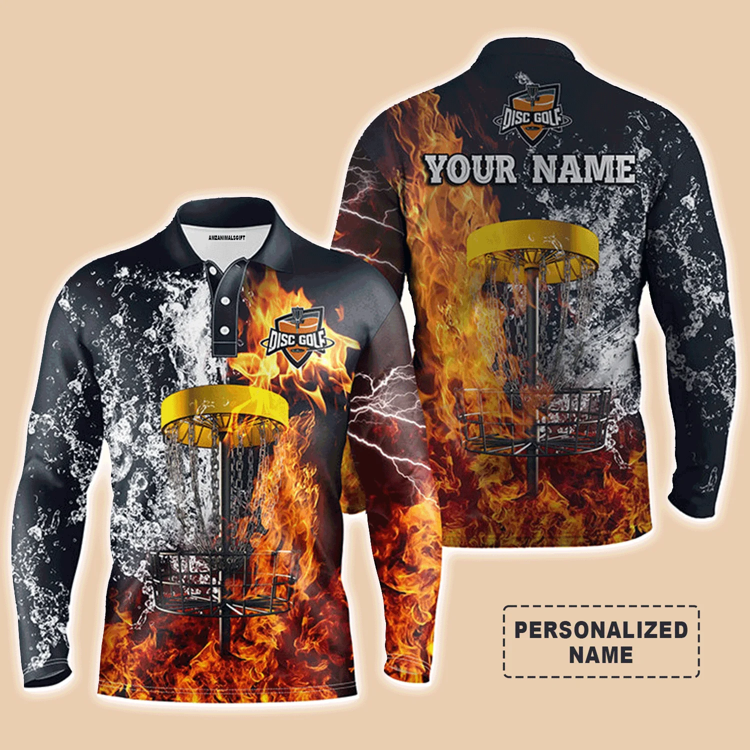 Custom Disc Golf Men Polo Shirt - Custom Name Fire And Water Disc Golf Basket Apparel - Personalized Sports Gift For Disc Golf Lover, Male, Husband - Image 3