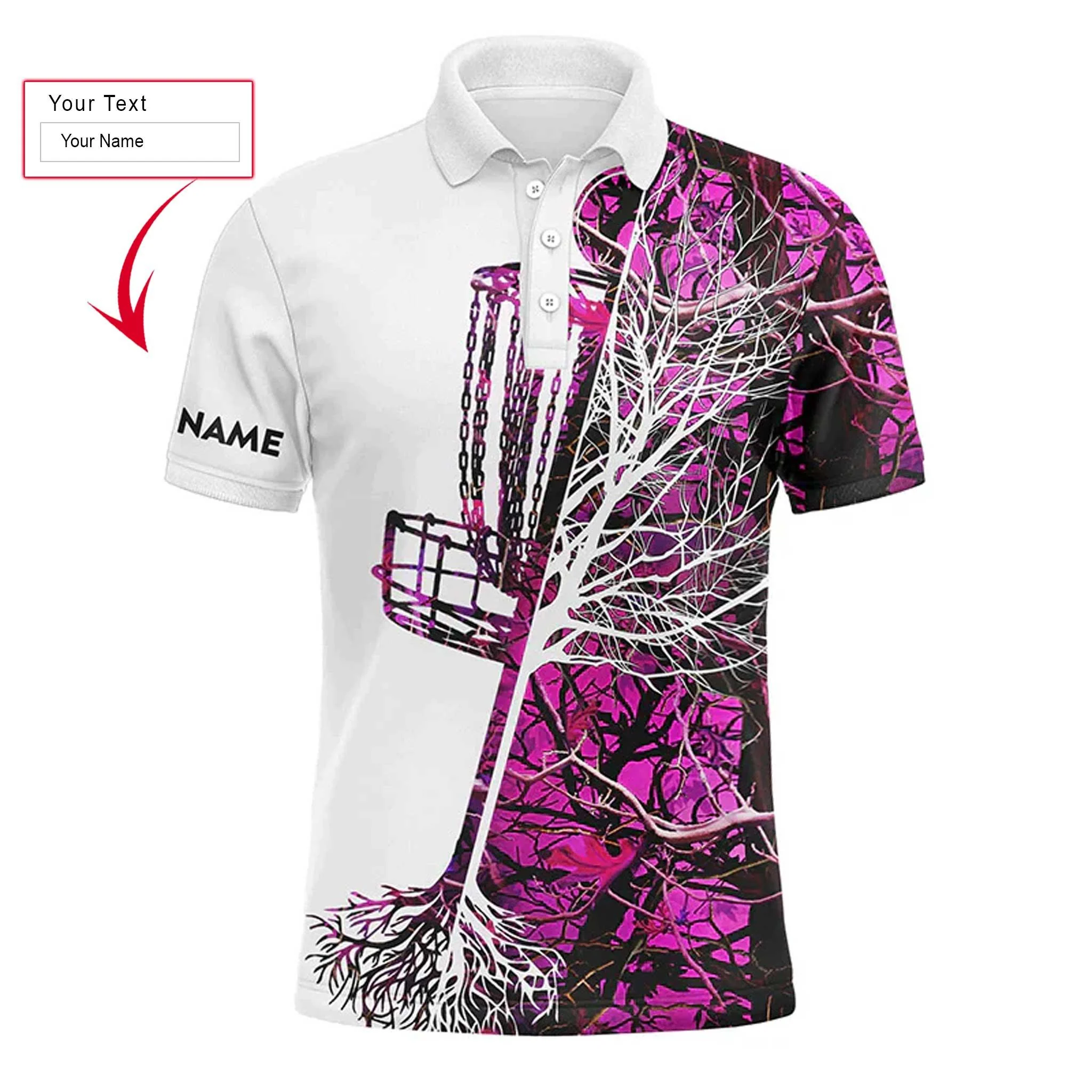 Disc Golf Men Polo Shirt, Custom Name Pink Camo Disc Golf Basket Apparel Men Polo Shirt - Personalized Sports Gift For Men, Husband, Golf Lover - Image 4