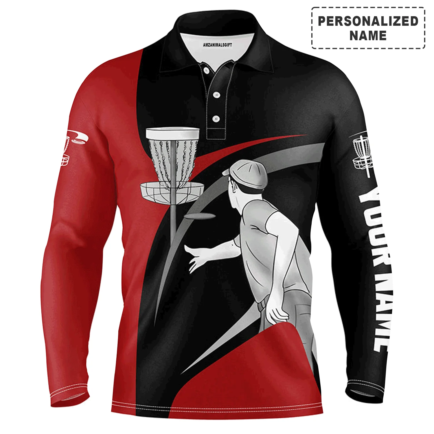 Custom Disc Golf Men Polo Shirt - Custom Name Red And Black Disc Golf Apparel - Personalized Gift For Disc Golf Lover, Male, Husband, Team - Image 2