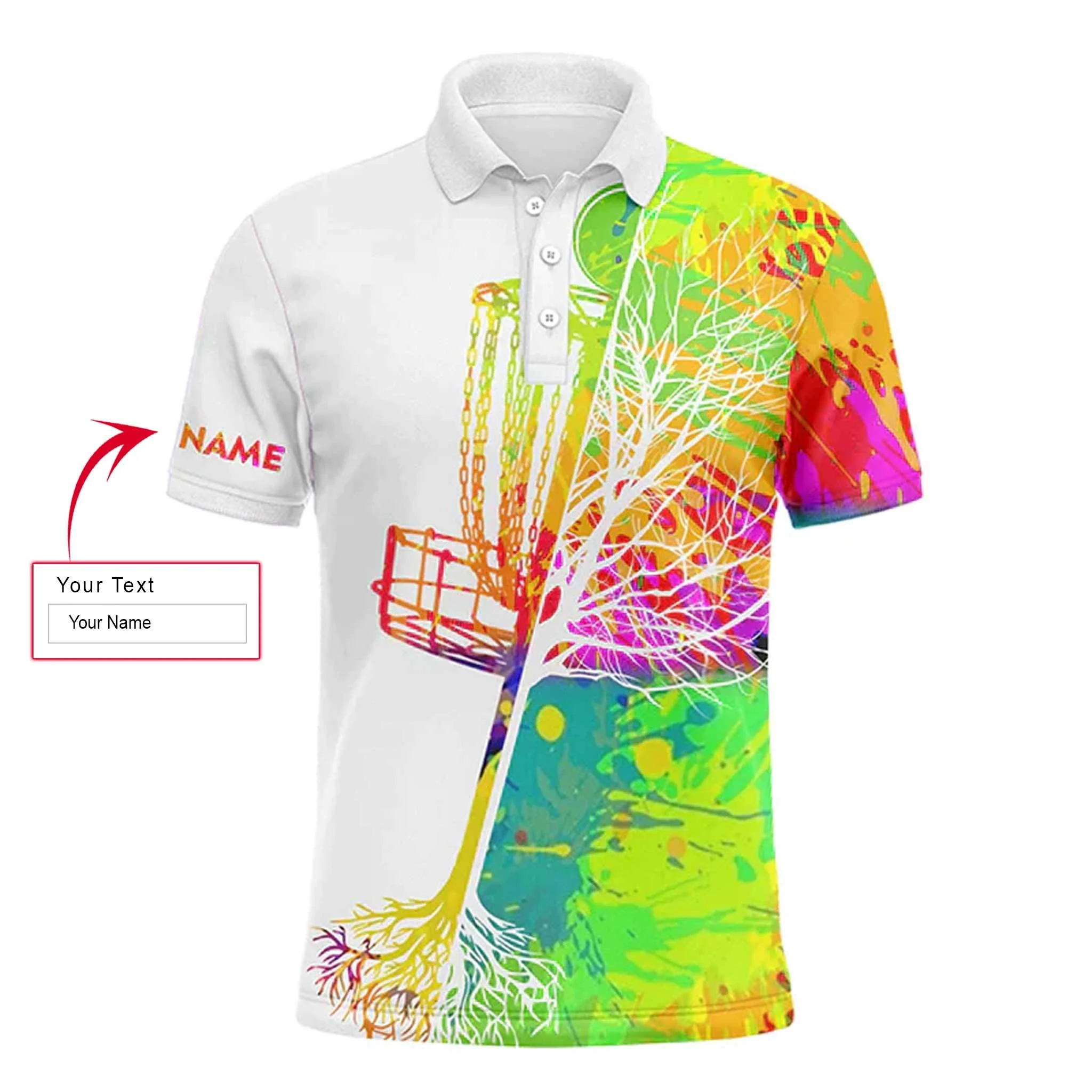 Custom Disc Golf Men Polo Shirt, Custom Name Watercolor Disc Golf Basket Apparel - Personalized Sports Gift For Golf Lover, Male, Husband, Boyfriend