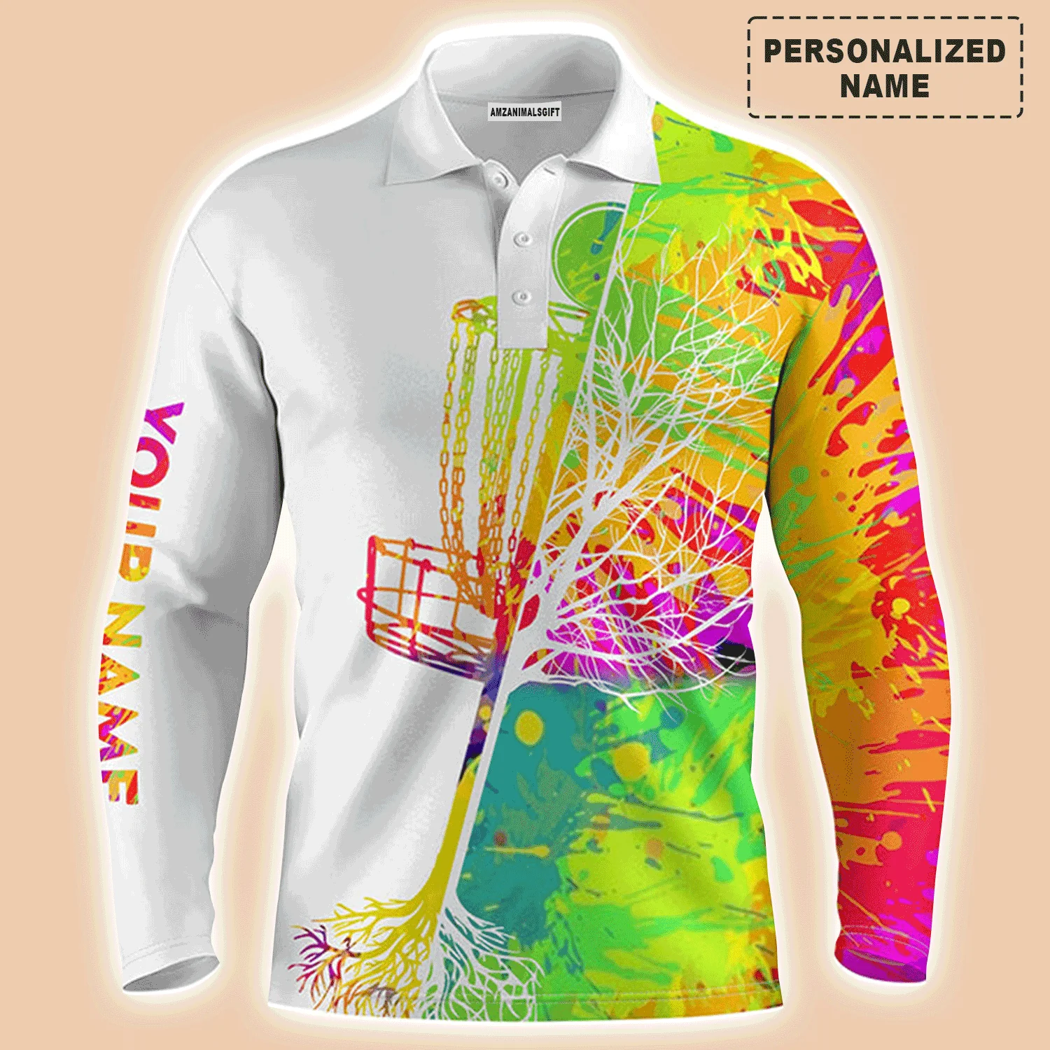Custom Disc Golf Men Polo Shirt, Custom Name Watercolor Disc Golf Basket Apparel - Personalized Sports Gift For Golf Lover, Male, Husband, Boyfriend - Image 3