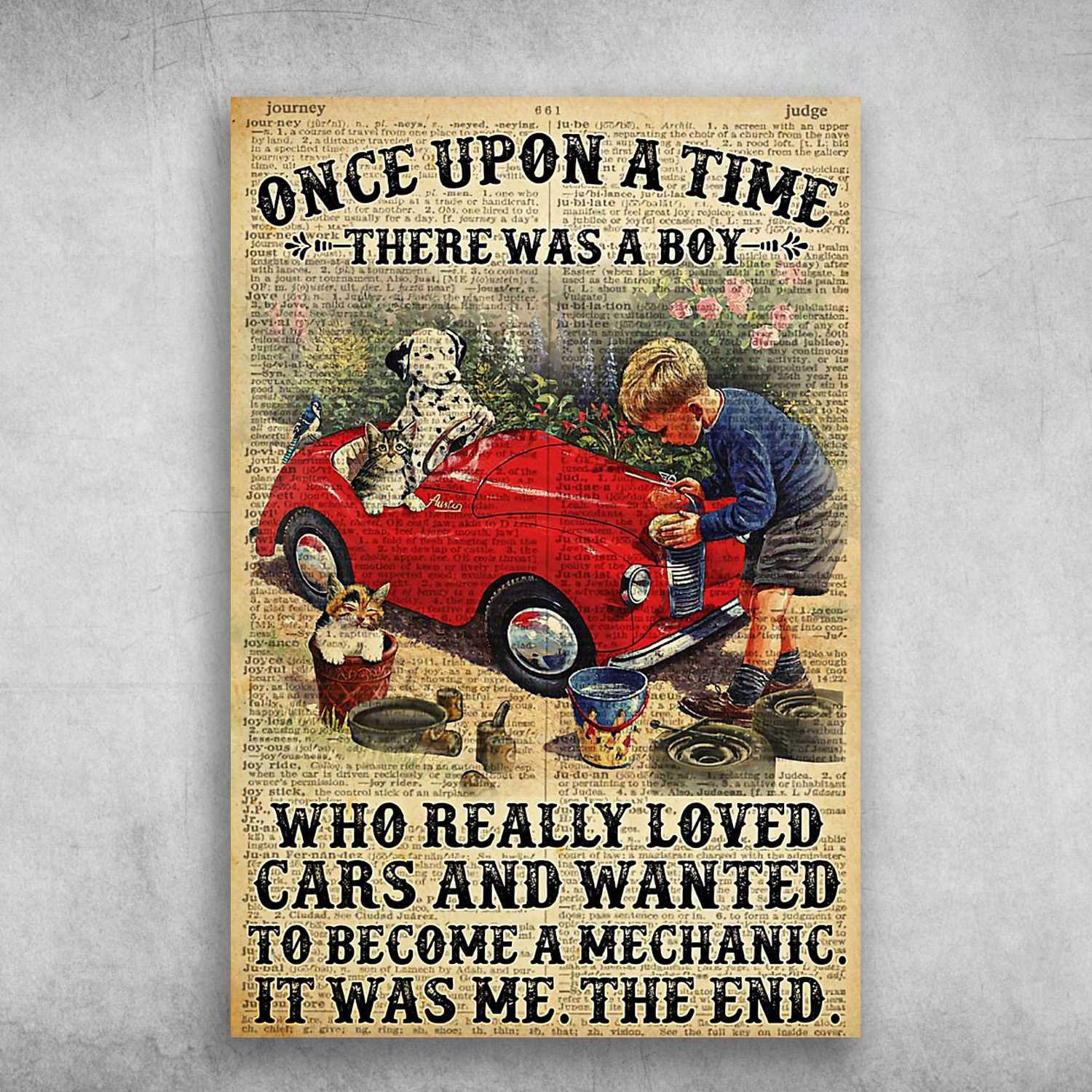 Dog, Cat And Cars Portrait Canvas - Once Upon A Time There Was A Boy Who Really Loved Cars Portrait Canvas - Gift For Son, Family, Friends, Dog Lovers