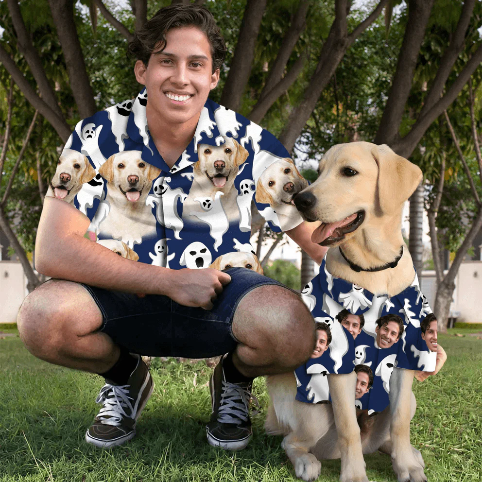 Dog Custom Hawaiian Shirt - Custom Photo Pet Funny Ghost Pattern Navy Personalized Hawaiian Shirt - Perfect Gift For Dog Lovers, Friend, Family - Image 3