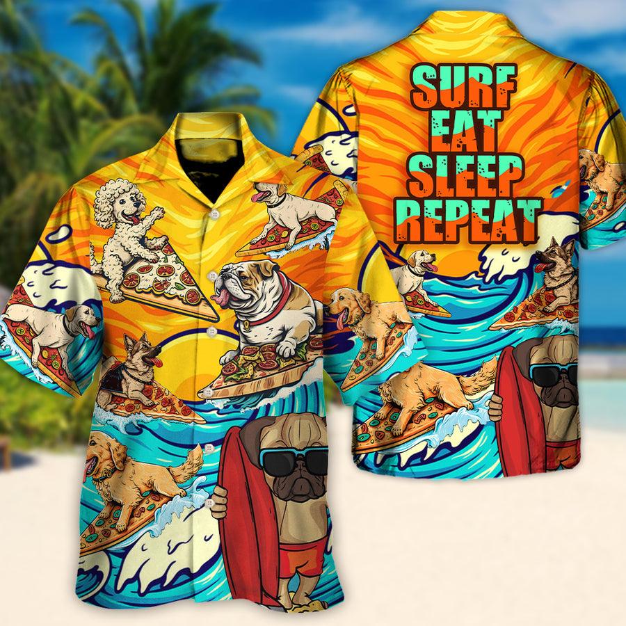 Dog Hawaiian Shirt, Dog Surfing Surf Eat Sleep Repeat Art Style Aloha Hawaiian Shirt For Summer, Dog Beach Hawaiian Shirt, Gift For Men Women, Dog Lovers