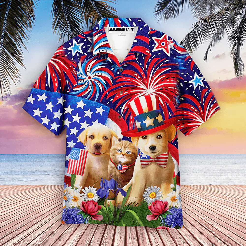 Dogs and Cat American Flag Firework Aloha Hawaiian Shirts For Men Women, 4th Of July Gift For Summer, Friend, Family, Independence Day, Dog Cat Lovers - Image 2
