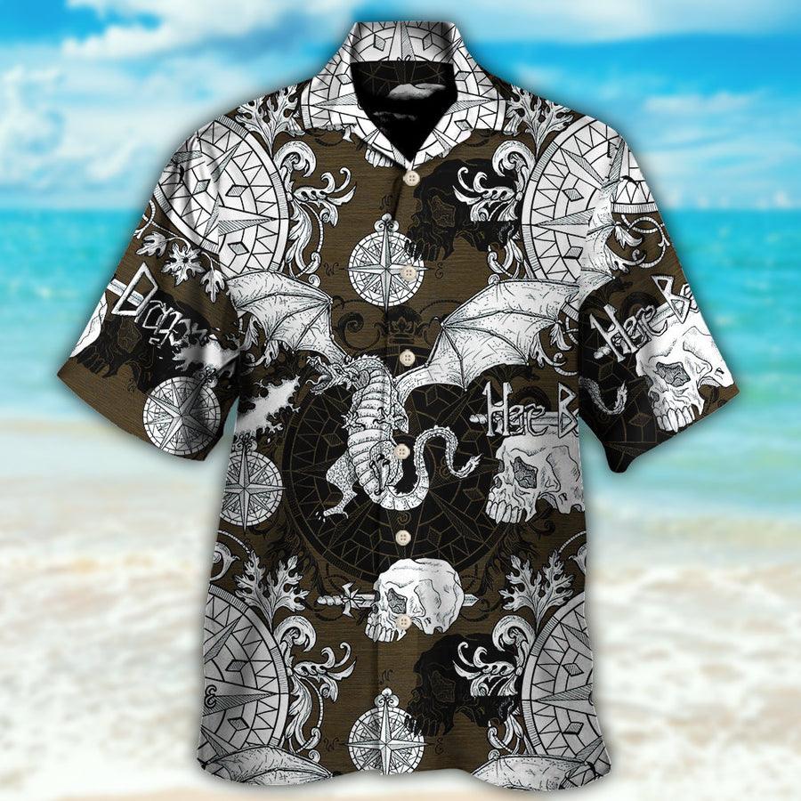 Dragon Aloha Hawaiian Shirt For Summer, Dragon Flying With Skull Gothic Style Hawaiian Shirts Outfit For Men Women, Dragon Lovers, Here Be Dragons