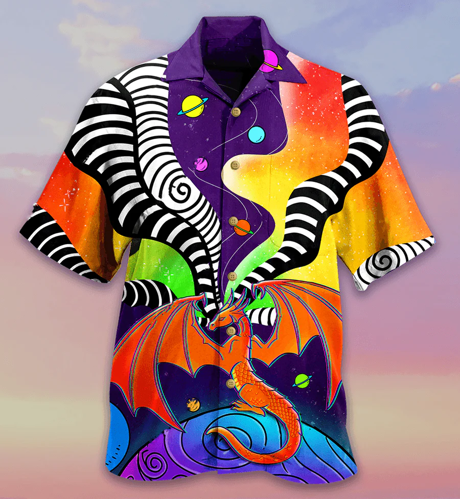 Dragon Aloha Hawaiian Shirt For Summer, Dragon Stripes Color Galaxy Style Colorful Hawaiian Shirts Outfit For Men Women, Dragon Lovers
