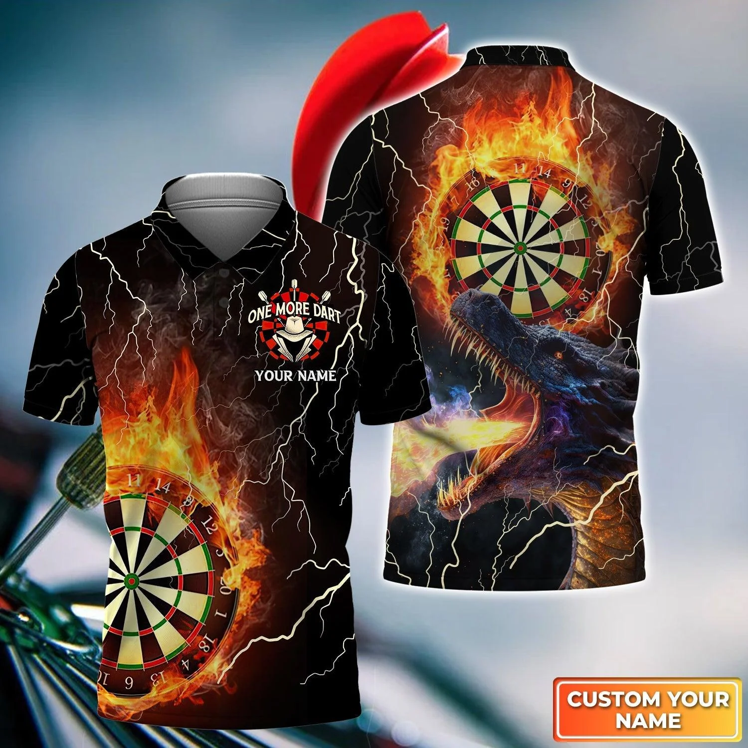 Dragon And Darts Custom Name Men Polo Shirt, Thunder Flame Bullseye Dartboard Personalized Men Polo Shirt Gift For Darts Lovers, Friend, Team