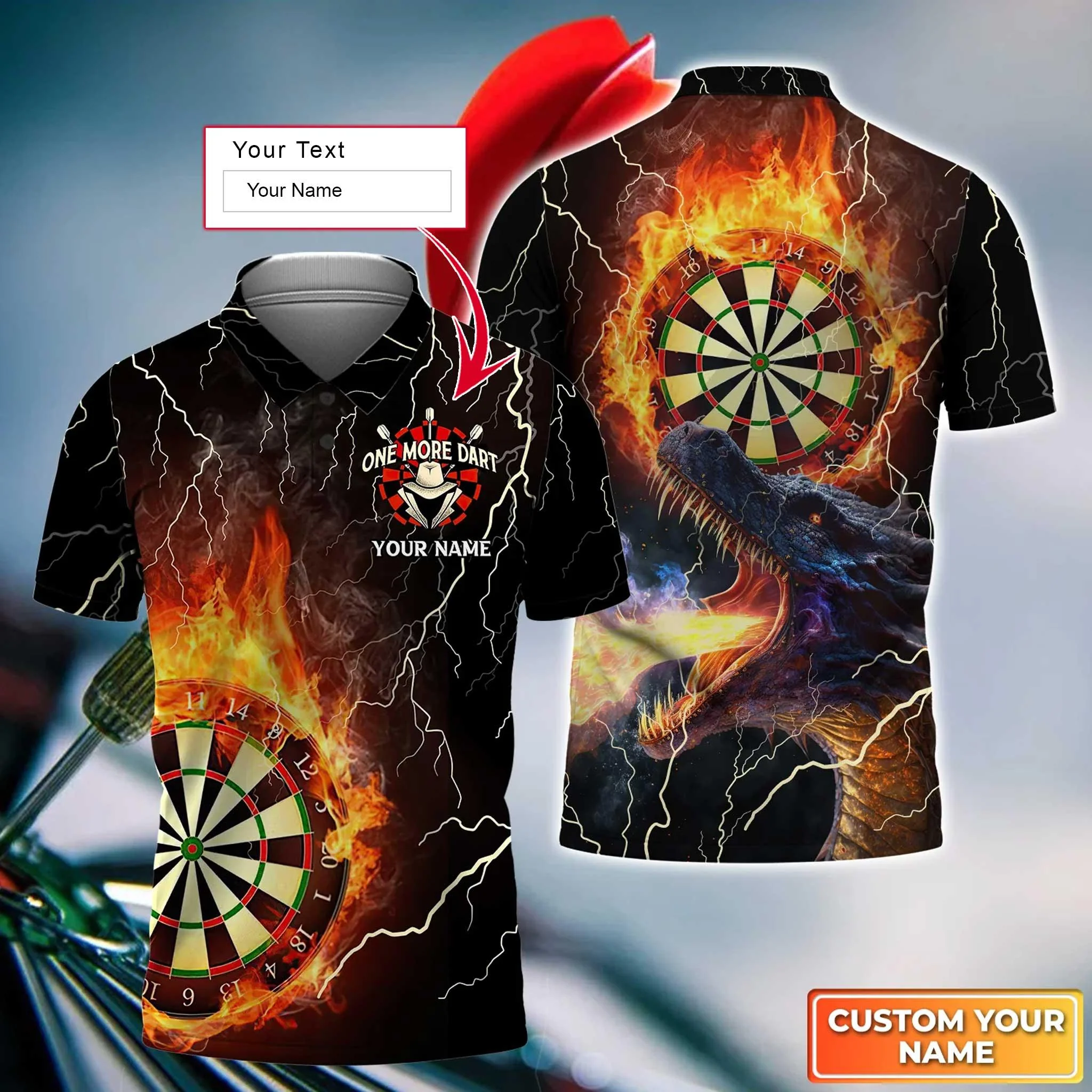 Dragon And Darts Custom Name Men Polo Shirt, Thunder Flame Bullseye Dartboard Personalized Men Polo Shirt Gift For Darts Lovers, Friend, Team - Image 2