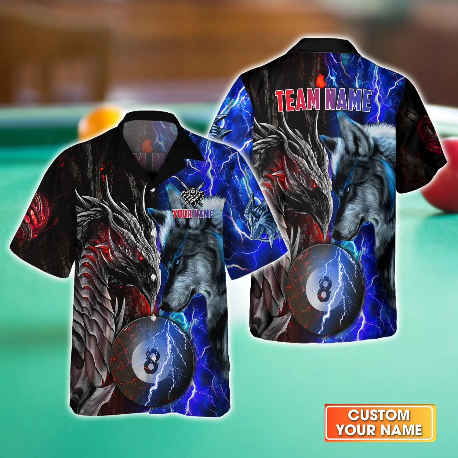 Dragon And Wolf Billiards 8 Balls Paint Red Blue Splash Personalized Hawaiian Shirt, Perfect Outfit For Billiard Players - Image 2