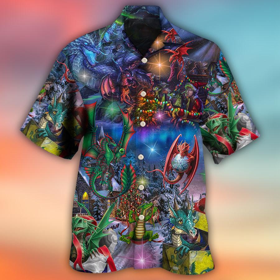 Dragon Christmas Aloha Hawaiian Shirt For Summer, Dragon Merry Christmas Light Art Style Hawaiian Shirts Outfit For Men Women, Dragon Lovers