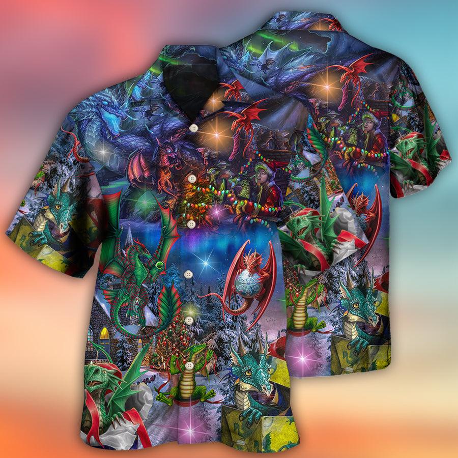 Dragon Christmas Aloha Hawaiian Shirt For Summer, Dragon Merry Christmas Light Art Style Hawaiian Shirts Outfit For Men Women, Dragon Lovers - Image 2