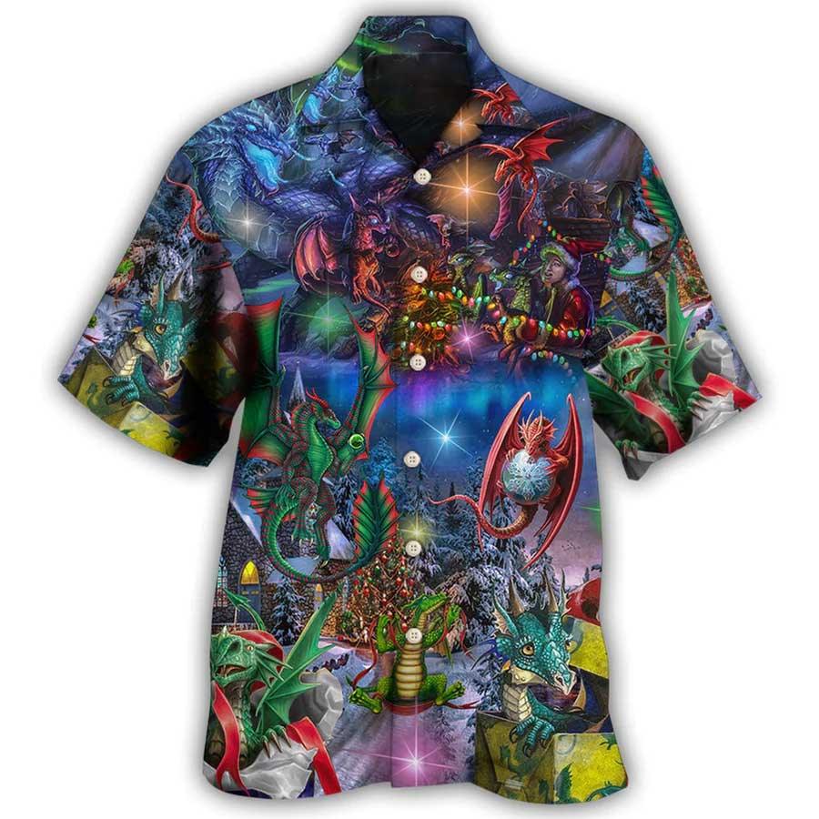 Dragon Christmas Aloha Hawaiian Shirt For Summer, Dragon Merry Christmas Light Art Style Hawaiian Shirts Outfit For Men Women, Dragon Lovers - Image 3