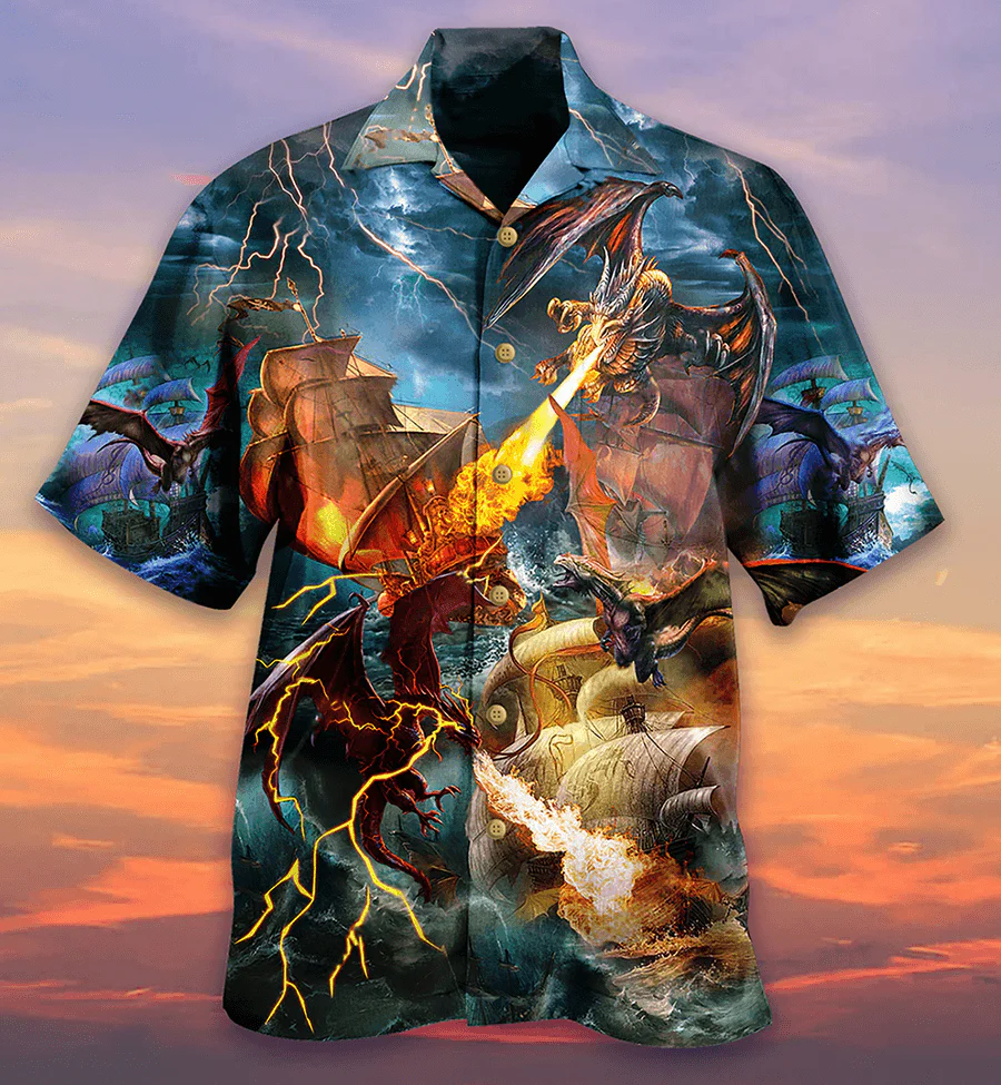 Dragon Colorful Aloha Hawaiian Shirt For Summer, Dragon Fight With The Pirate Ship Hawaiian Shirts Outfit For Men Women, Dragon Lovers