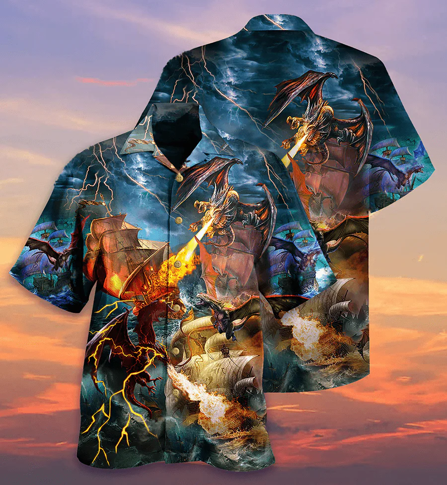 Dragon Colorful Aloha Hawaiian Shirt For Summer, Dragon Fight With The Pirate Ship Hawaiian Shirts Outfit For Men Women, Dragon Lovers - Image 3