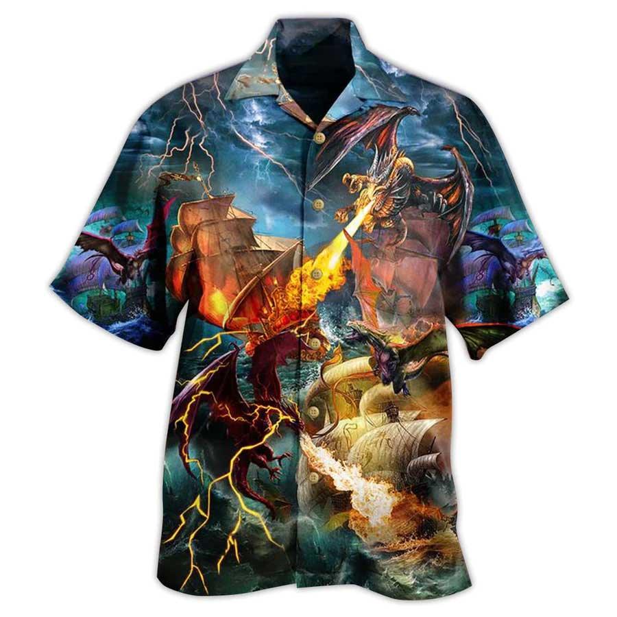 Dragon Colorful Aloha Hawaiian Shirt For Summer, Dragon Fight With The Pirate Ship Hawaiian Shirts Outfit For Men Women, Dragon Lovers - Image 4
