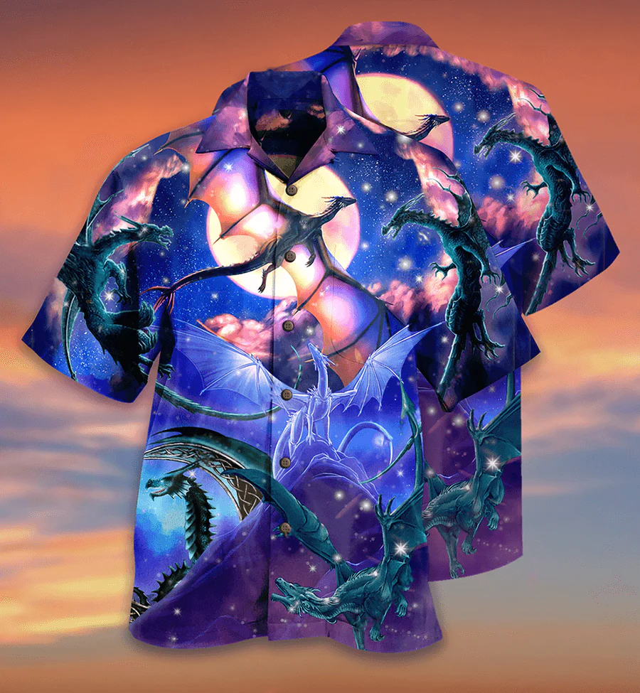 Dragon Colorful Aloha Hawaiian Shirt For Summer, Fly To The Moon Hawaiian Shirts Outfit For Men Women, Dragon Lovers - Image 2
