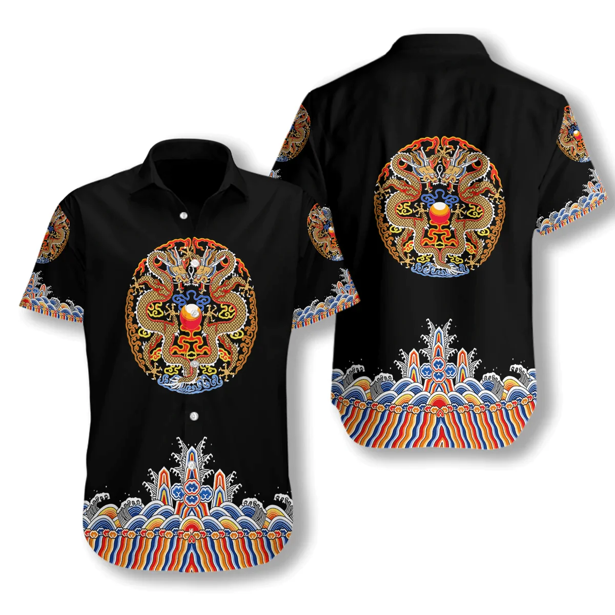 Dragon Hawaiian Shirt - Symmetrical Chinoiserie Dragon Black Hawaiian Shirt - Perfect Gift For Husband, Boyfriend, Friend, Family