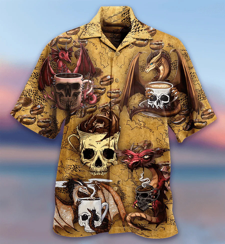 Dragon Vintage Aloha Hawaiian Shirt For Summer, Dragon Love Coffee And Skull Hawaiian Shirts Outfit For Men Women, Dragon Lovers
