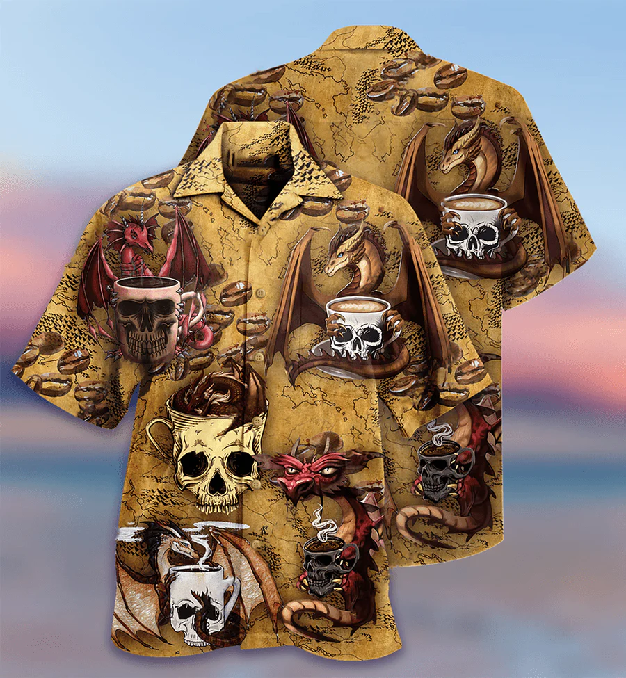 Dragon Vintage Aloha Hawaiian Shirt For Summer, Dragon Love Coffee And Skull Hawaiian Shirts Outfit For Men Women, Dragon Lovers - Image 2