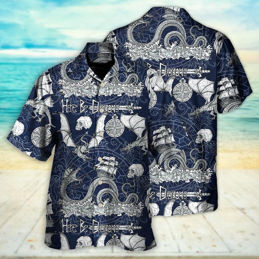 Dragon With Skull Old Ship Sea Life Aloha Hawaiian Shirt For Summer, Here Be Dragons Hawaiian Shirts Outfit For Men Women, Dragon Lovers - Image 2