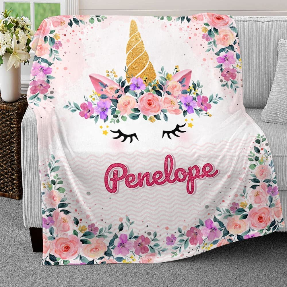 Dreamy Unicorn Flowers Baby Kids Blanket With Personalized Name For Baby Girl Nursery, Daughter, Granddaughter - Image 3