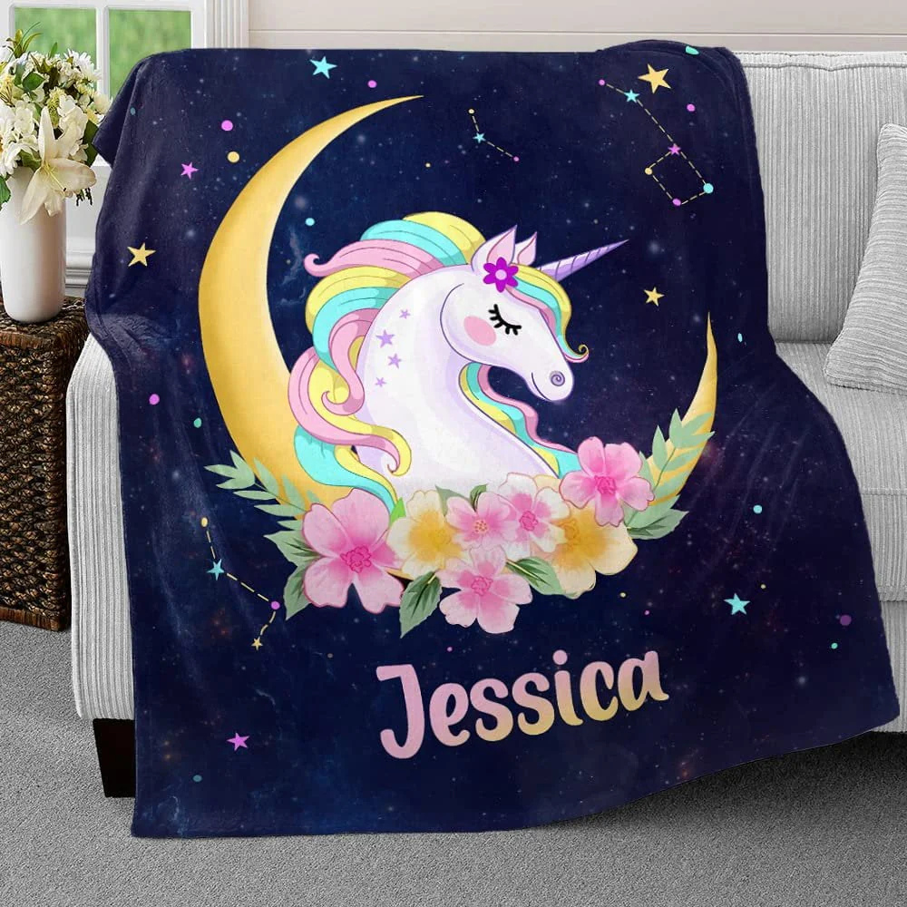 Dreamy Unicorn On Moon Baby Kids Blanket With Personalized Name For Baby Girl Nursery, Daughter, Granddaughter - Image 3