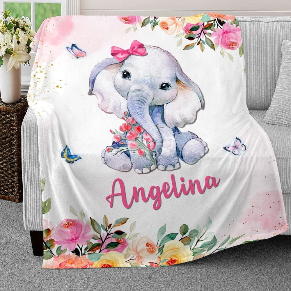Elephant And Butterfly Flowers Baby Kids Blanket With Custom Name For Baby Girl Nursery, Daughter, Granddaughter - Image 3