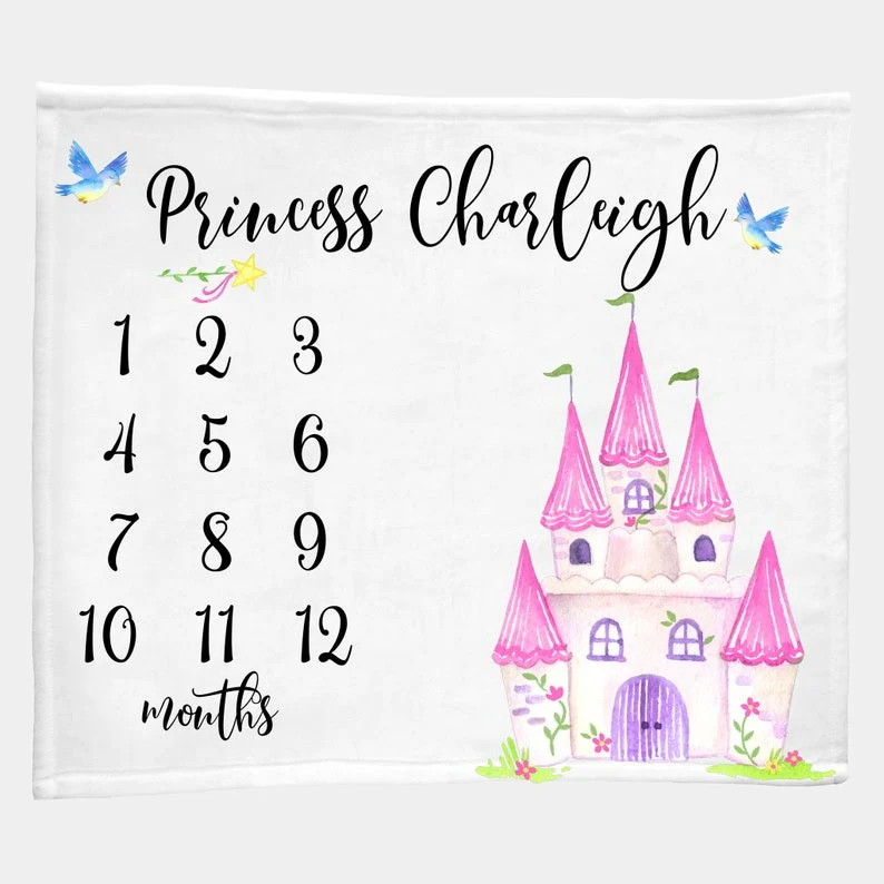 Fairytale Baby Milestone Blanket With Customized Name For Baby Girl Nursery, Daughter, Granddaughter