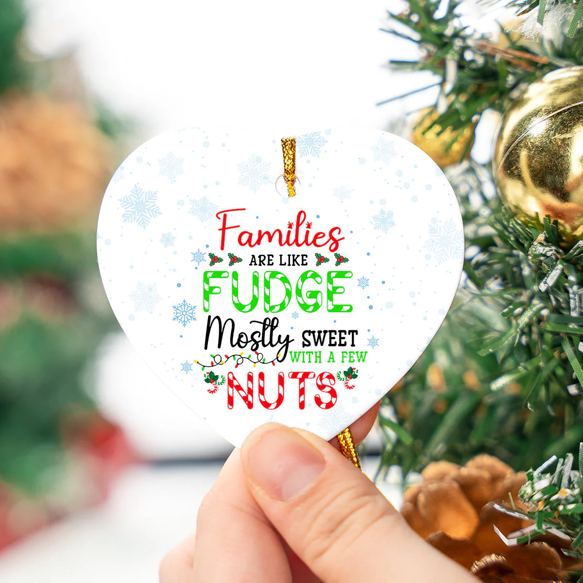Family Ceramic Christmas Ornament - Families Are Like Fudge Heart Ceramic Ornament, Gift For Christmas, Holiday Decor - Image 2