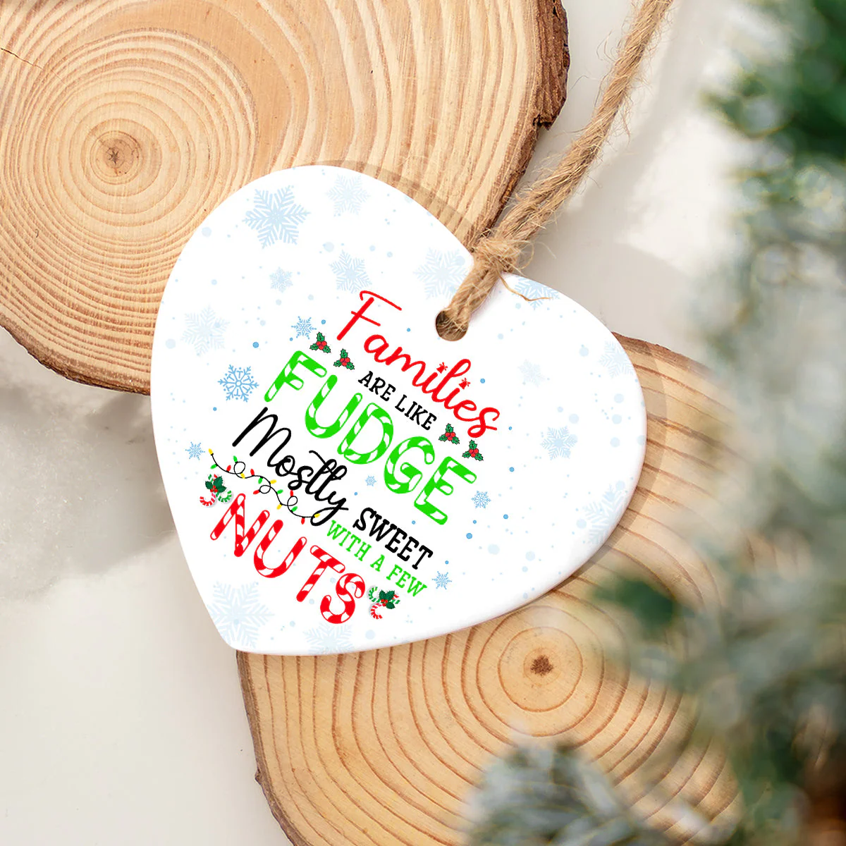 Family Ceramic Christmas Ornament - Families Are Like Fudge Heart Ceramic Ornament, Gift For Christmas, Holiday Decor - Image 4