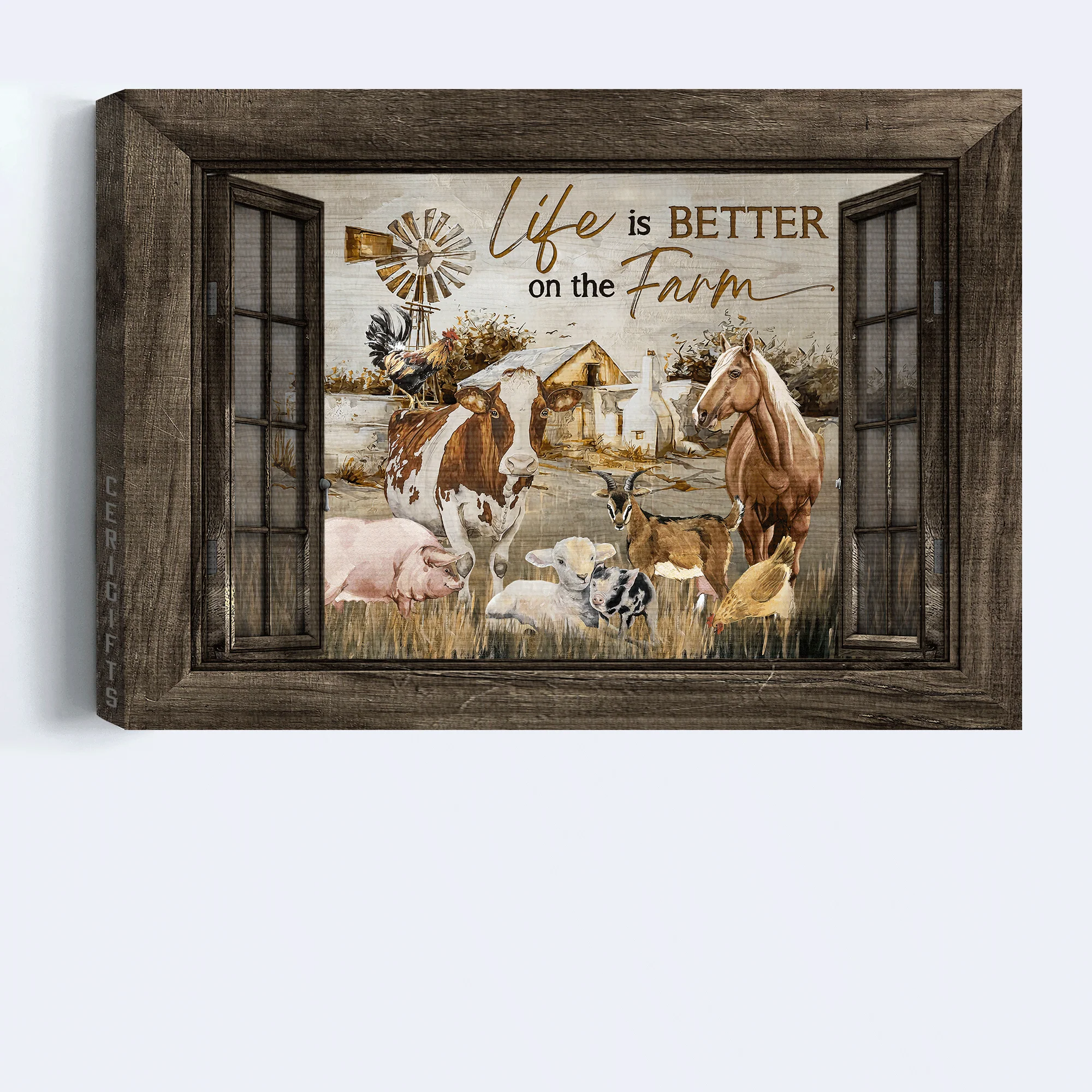 Family Premium Wrapped Landscape Canvas - Farm Animal, Dairy Cow, Brown Horse, Rooster Chicken, Life Is Better On The Farm - Gift For Members Family