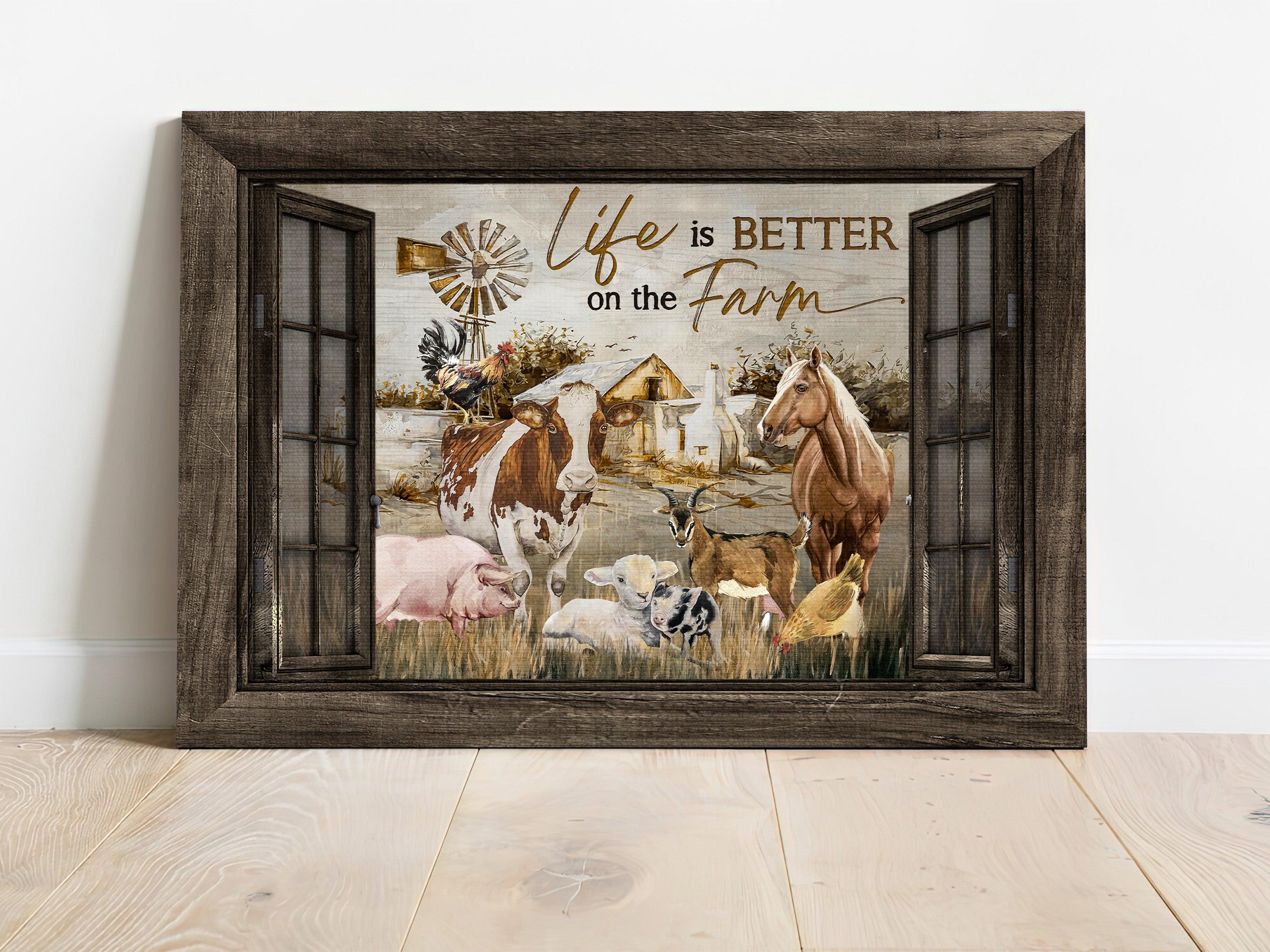 Family Premium Wrapped Landscape Canvas - Farm Animal, Dairy Cow, Brown Horse, Rooster Chicken, Life Is Better On The Farm - Gift For Members Family - Image 2