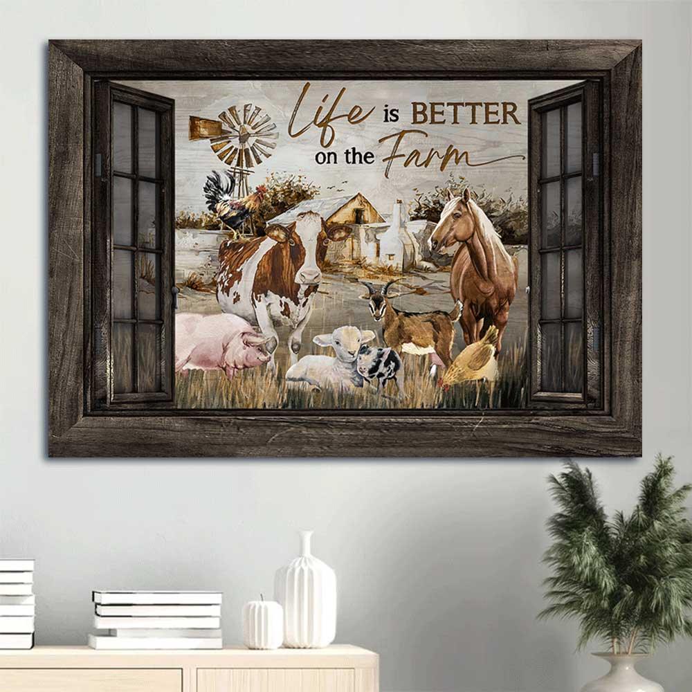 Family Premium Wrapped Landscape Canvas - Farm Animal, Dairy Cow, Brown Horse, Rooster Chicken, Life Is Better On The Farm - Gift For Members Family - Image 5