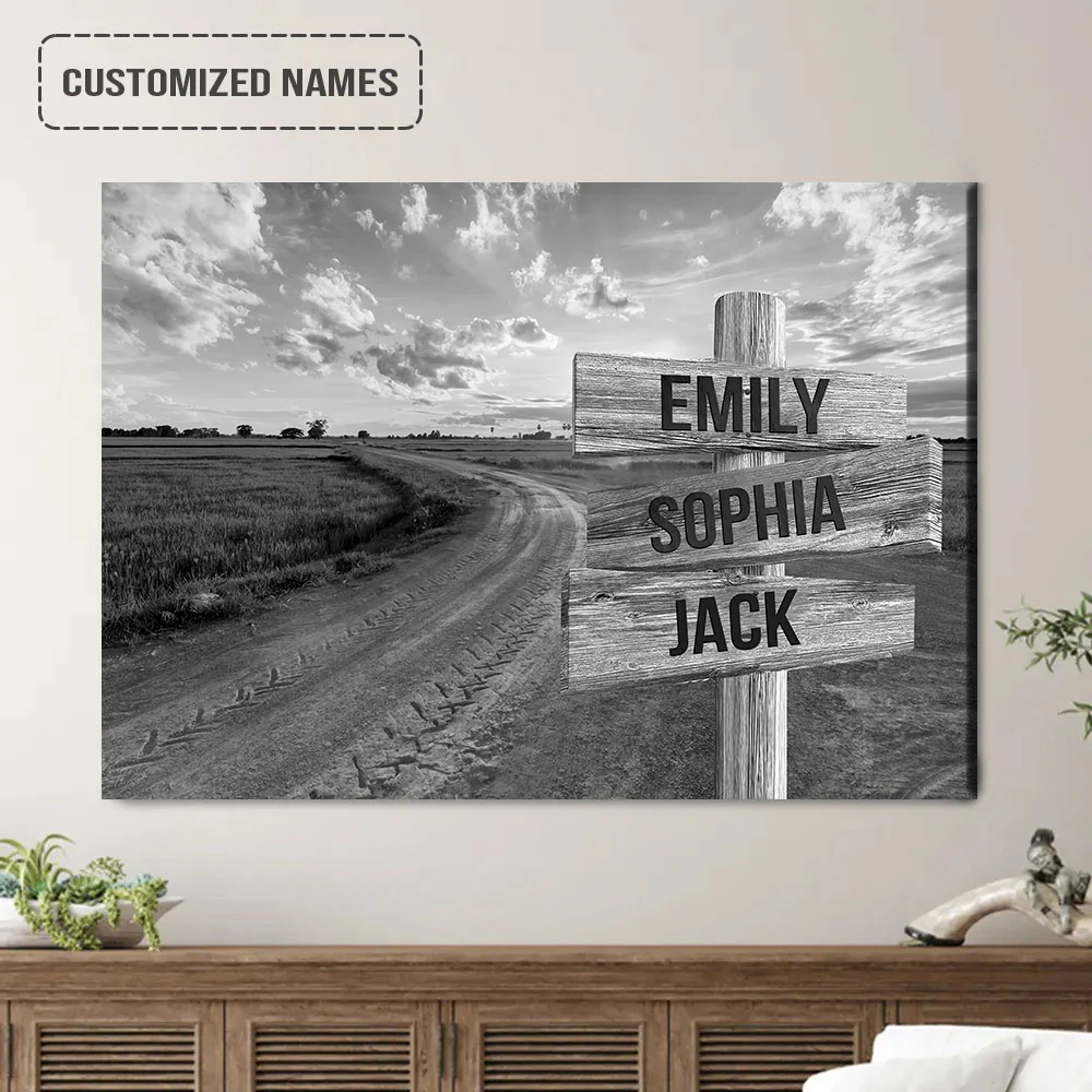 Family Street Sign Wall Art Canvas Customized Multi-Names, Dirt Road And Sunset Landscape Canvas Poster Home Decor - Image 2