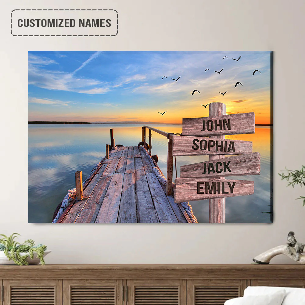 Family Street Sign Wall Art Canvas Customized Multi-Names, Sunset On Lake Dock Landscape Canvas Poster Home Decor - Image 2