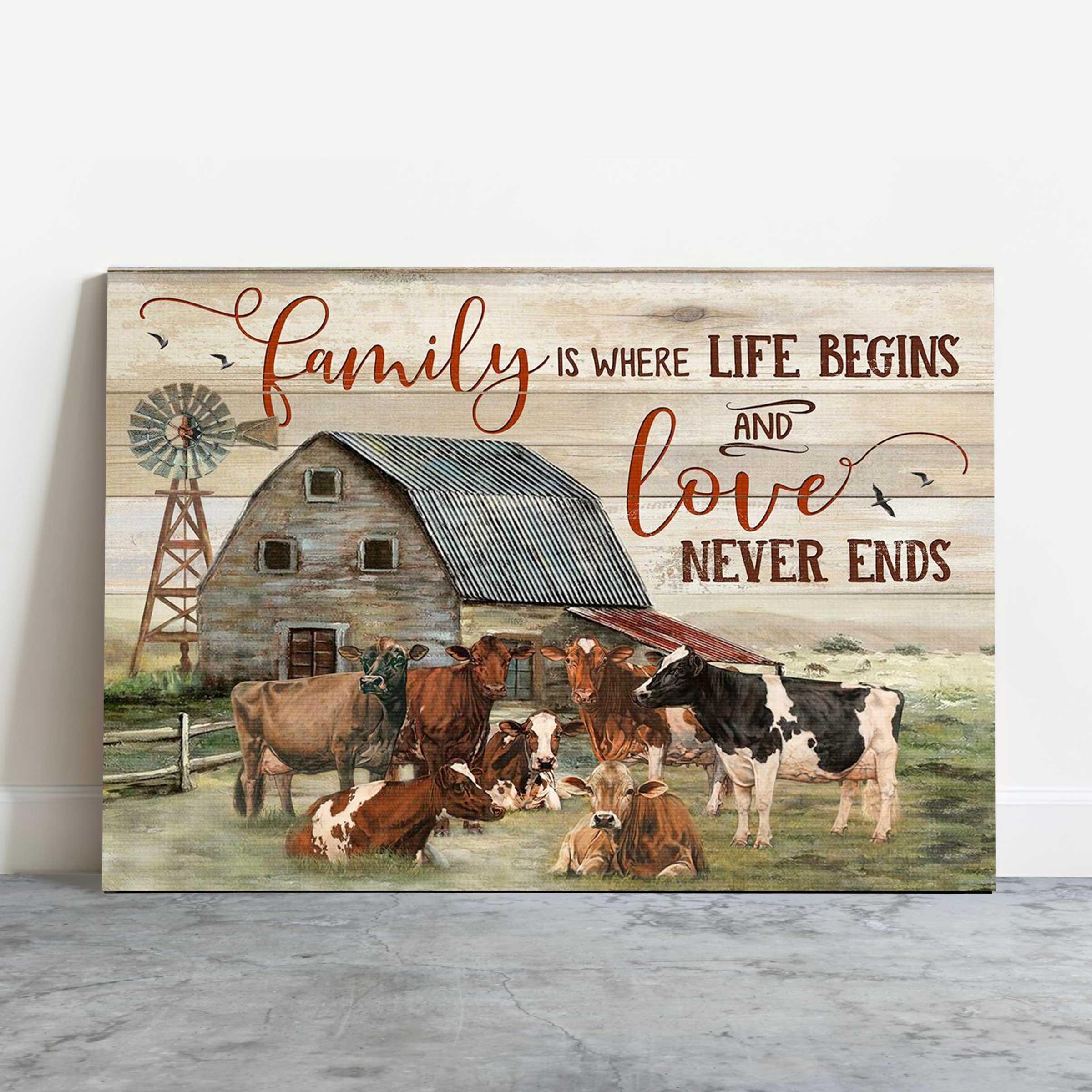 Farm House Portrait Canvas - Cow On Farm Family Is Where Life Begins, And Love Never Ends Canvas - Perfect Gift For Farmer, Cow Lover