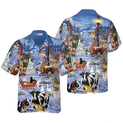 Farmer Hawaiian Shirt, Beautiful Farm On Christmas Aloha Shirt For Men - Perfect Gift For Farmer, Farm Lover, Husband, Boyfriend, Friend, Family